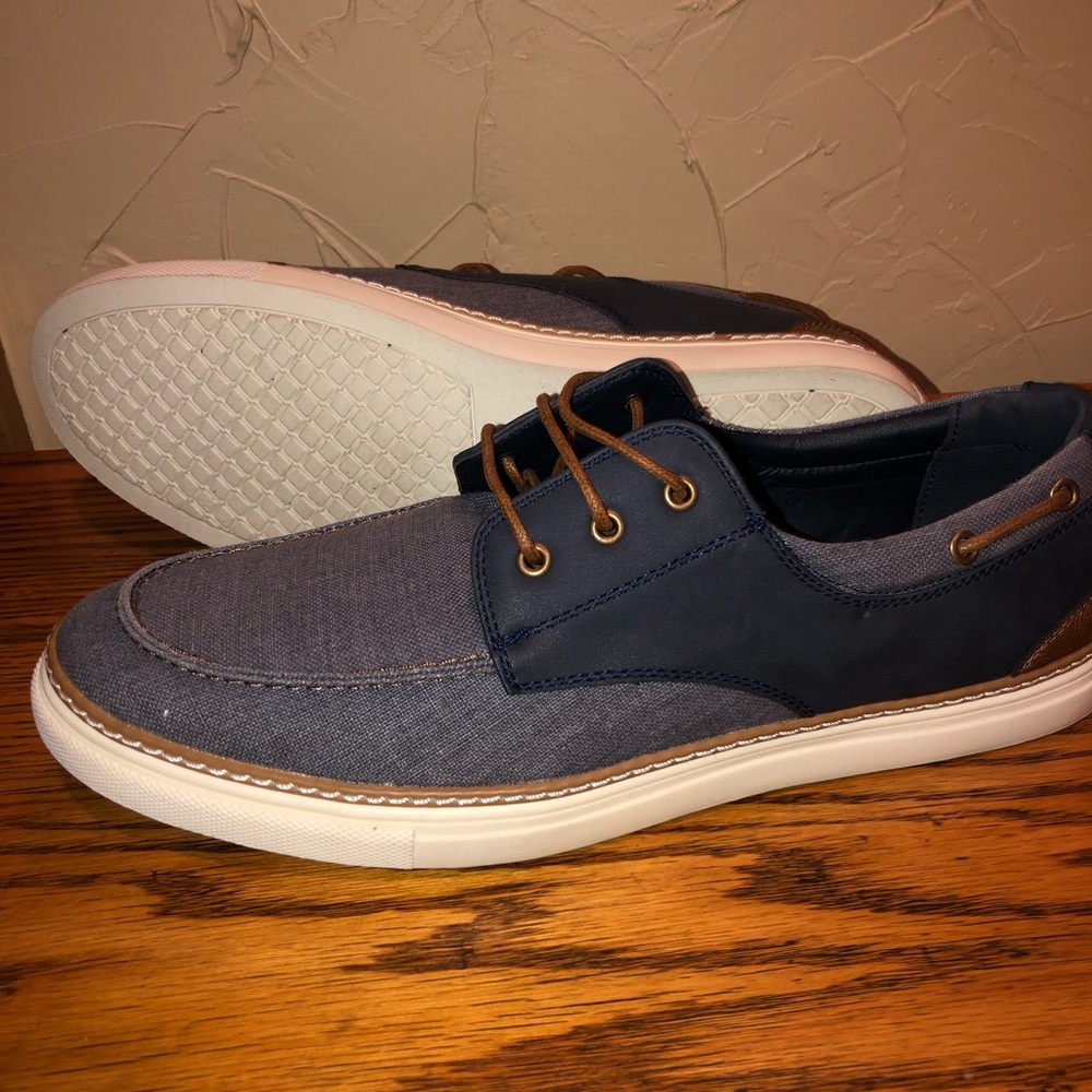 Blue and tan boat shoes